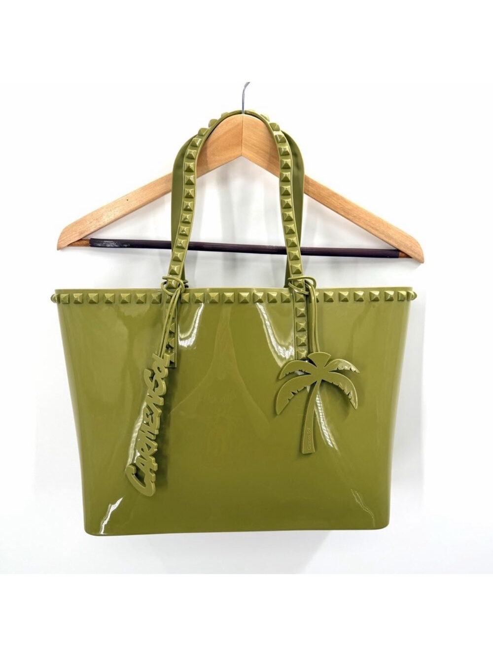 Carmen Sol Seba Mid Tote Green Studded Rubber Tote Bag with Extra Bag Charms
